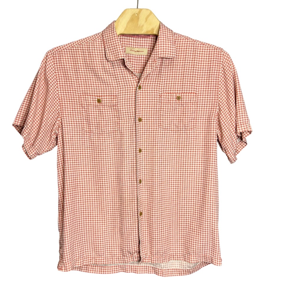 Tommy Bahama Mens Orange White Gingham Check Short Sleeve Silk Button Shirt L